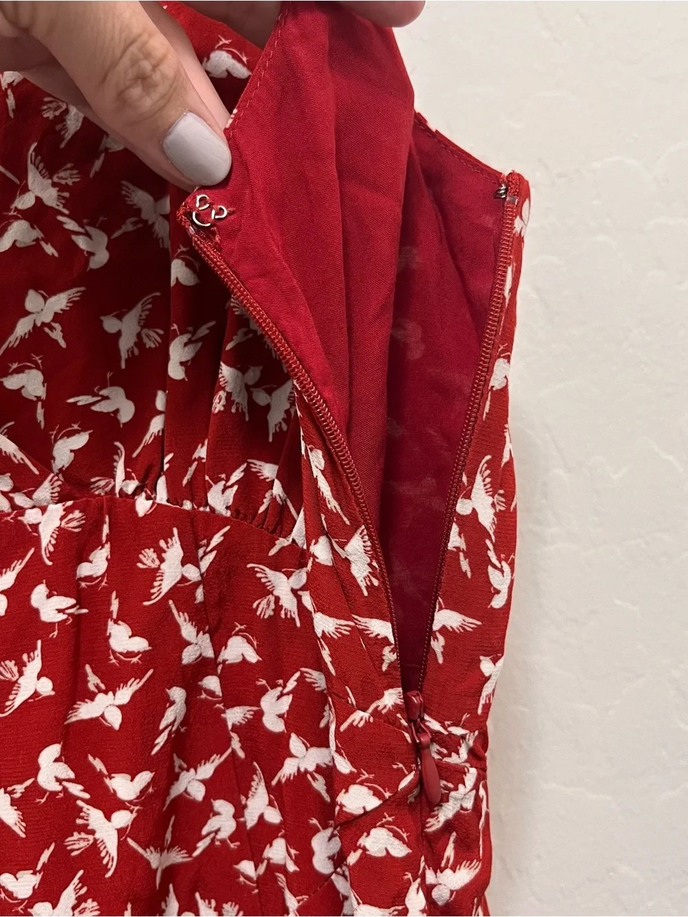 NWOT Free People Walk Me Home Red Bird Print Mini Dress Boho Plunge V-Neck Sz 8